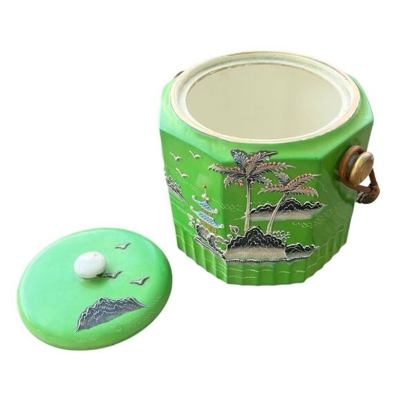 Vintage Japanese Hand-Painted Ceramic Jar with Lid & Handle – Green Pagoda Scene - Picture 6 of 14
